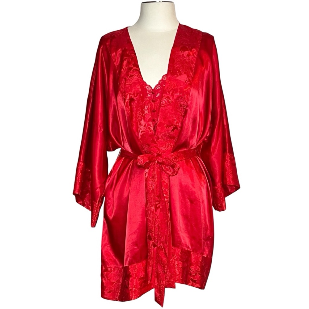 Vintage Victoria’s Secret Gold Label red floral damask satin & lace robe and ted - Picture 2 of 16
